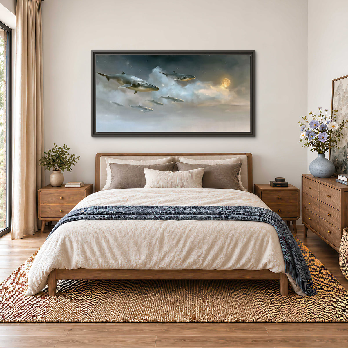 Whales drifting through pale dreamlike clouds toward a golden moon single framed canvas wall art styled in an interior