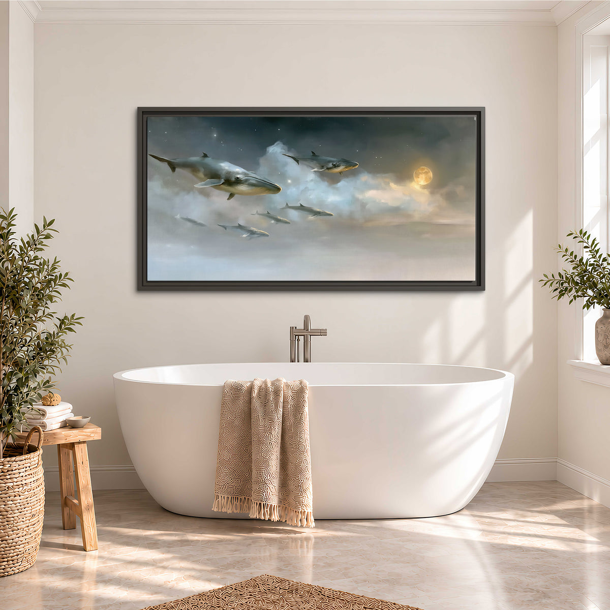 Whales drifting through pale dreamlike clouds toward a golden moon single framed canvas wall art styled in an interior