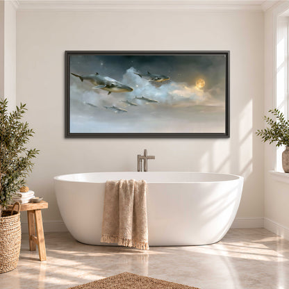 Whales drifting through pale dreamlike clouds toward a golden moon single framed canvas wall art styled in an interior