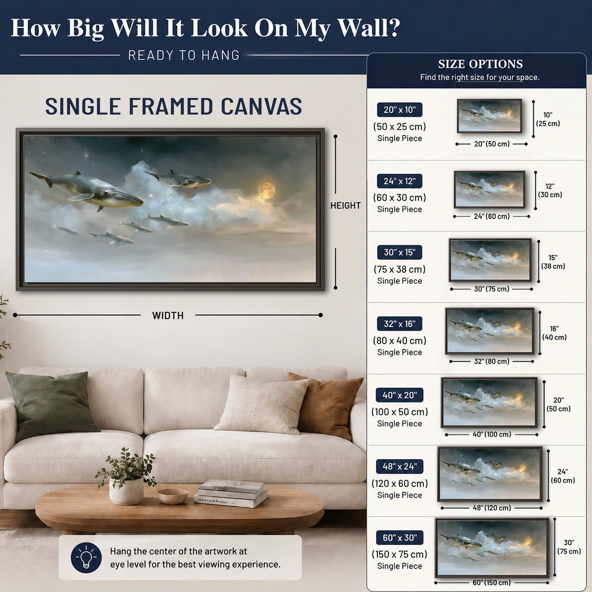 Whales drifting through pale dreamlike clouds toward a golden moon single framed canvas wall art size guide above a sofa; room view is illustrative
