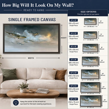 Whales drifting through pale dreamlike clouds toward a golden moon single framed canvas wall art size guide above a sofa; room view is illustrative