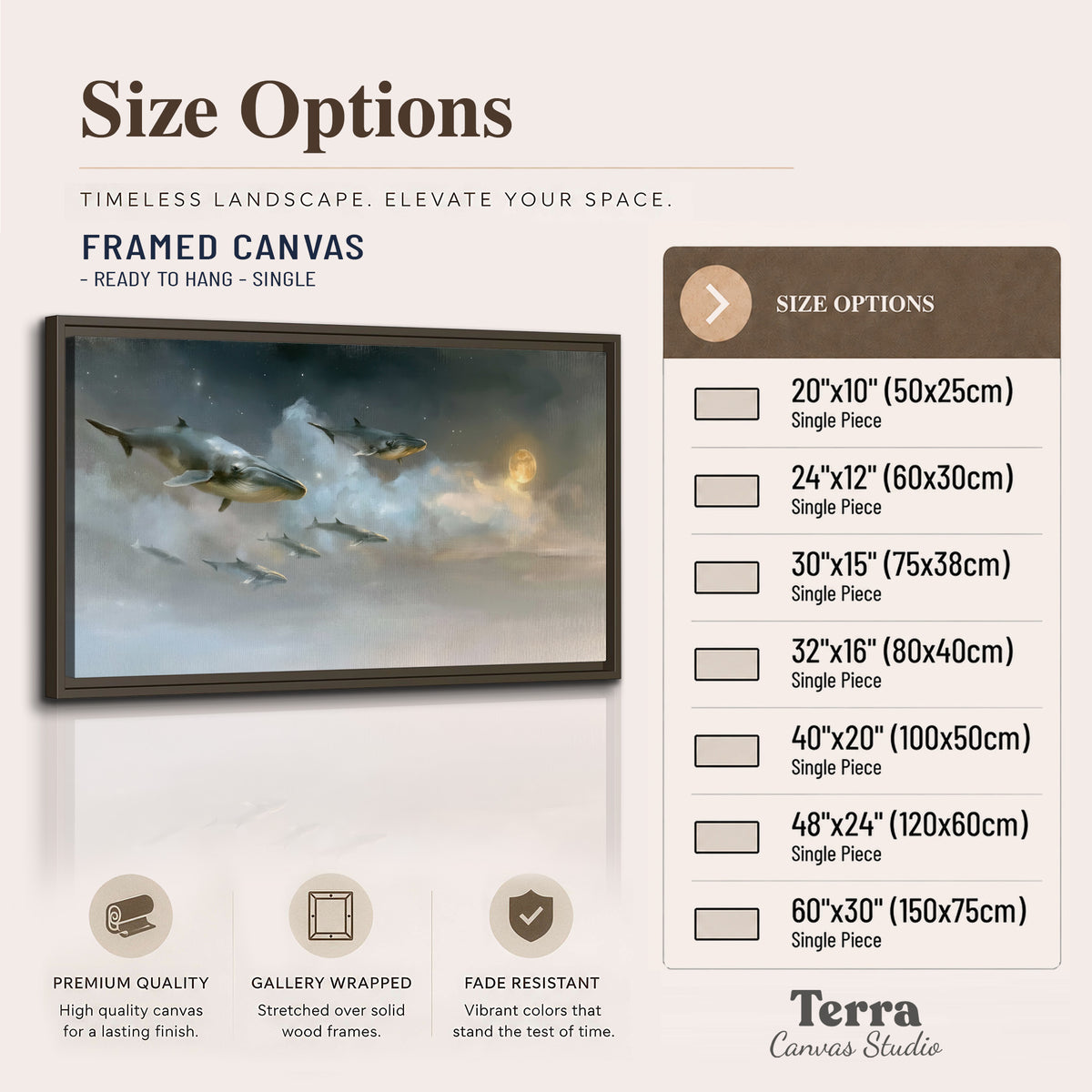 Whales drifting through pale dreamlike clouds toward a golden moon single framed canvas wall art available dimensions