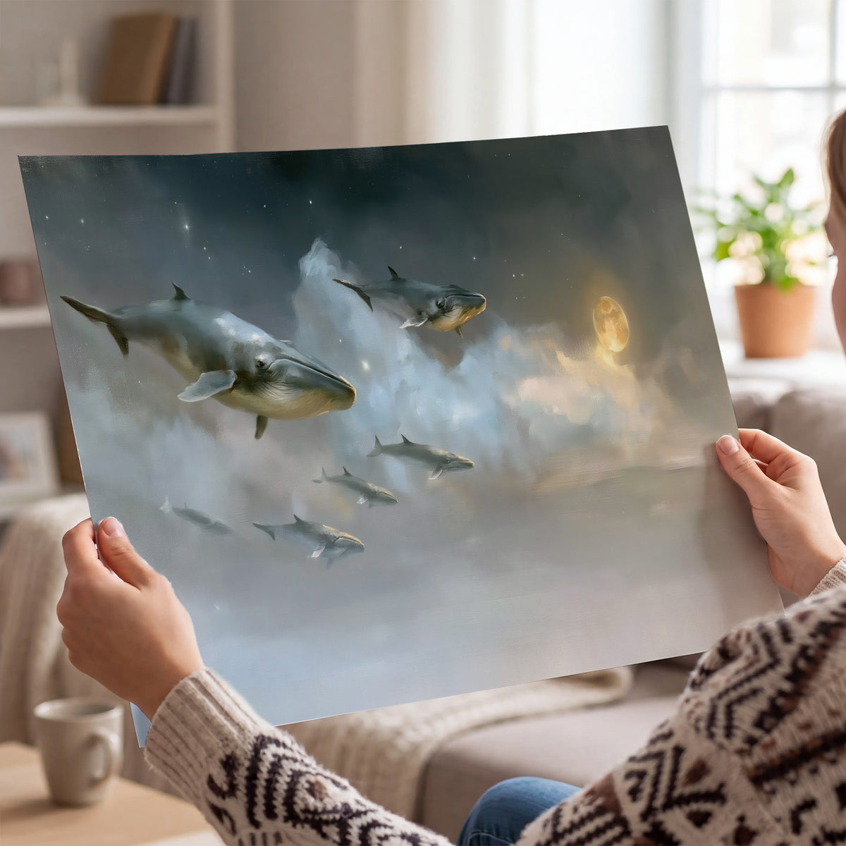 Whales drifting through pale dreamlike clouds toward a golden moon single poster print held in hands