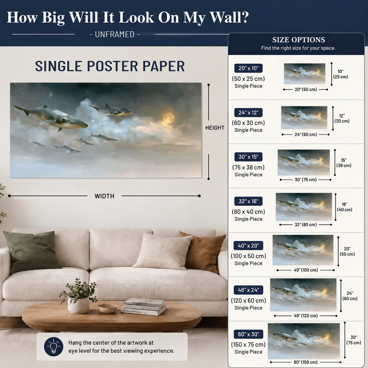 Whales drifting through pale dreamlike clouds toward a golden moon single poster print size guide above a sofa; room view is illustrative