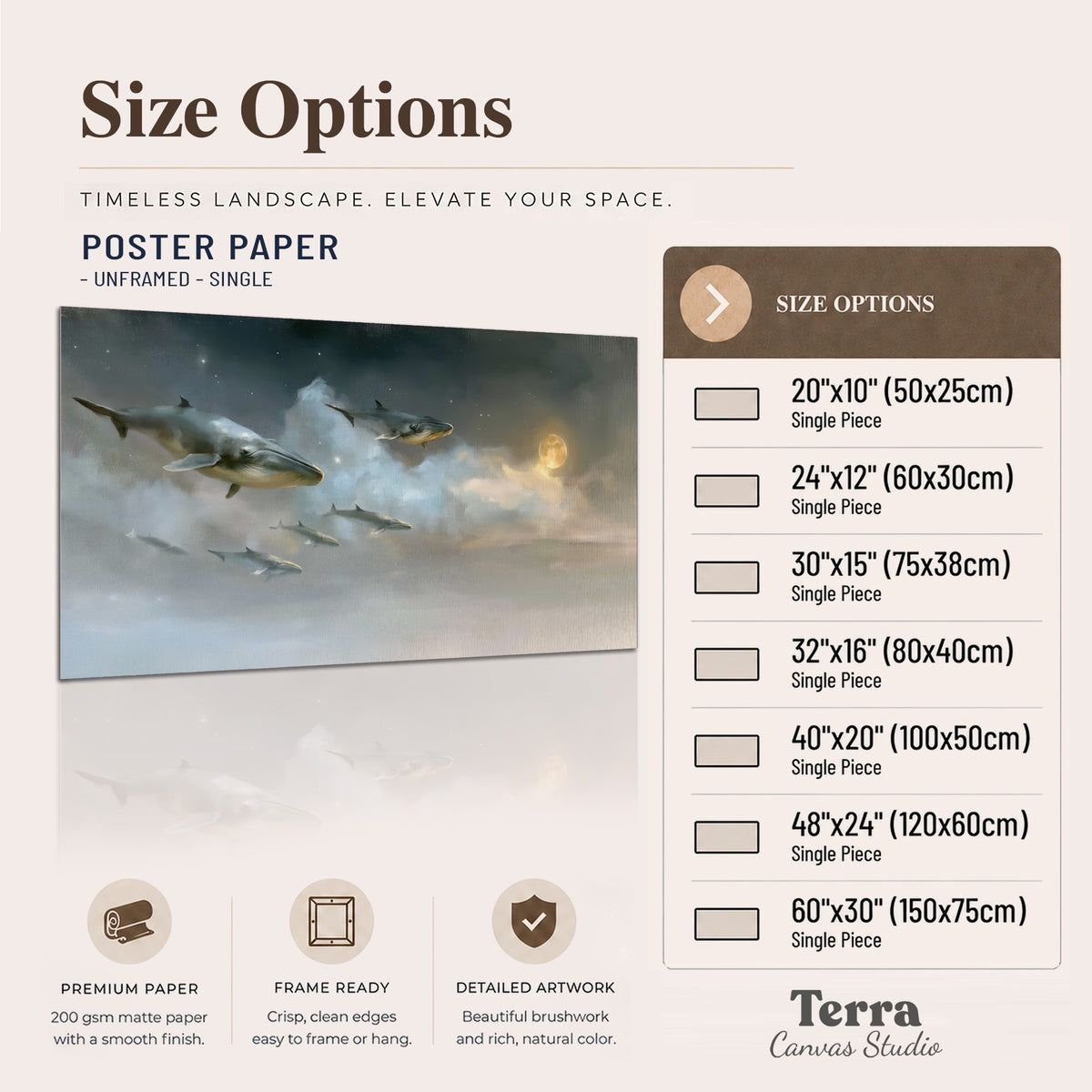 Whales drifting through pale dreamlike clouds toward a golden moon single poster print available dimensions