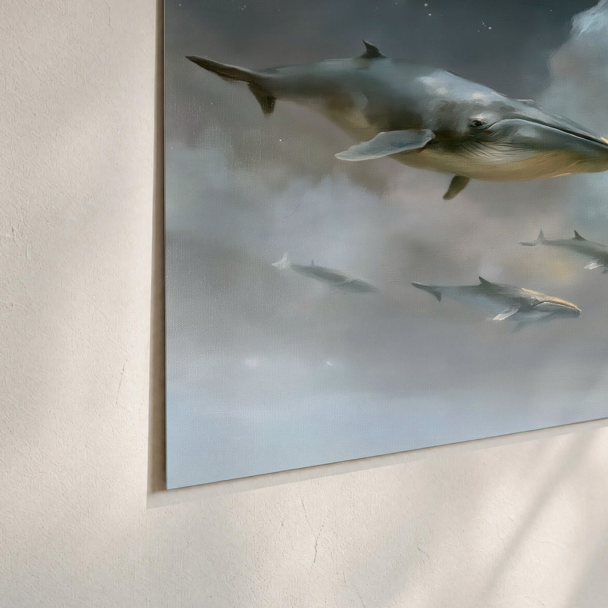 Whales drifting through pale dreamlike clouds toward a golden moon set of 3 poster prints material and edge close up