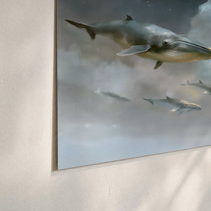 Whales drifting through pale dreamlike clouds toward a golden moon set of 3 poster prints material and edge close up