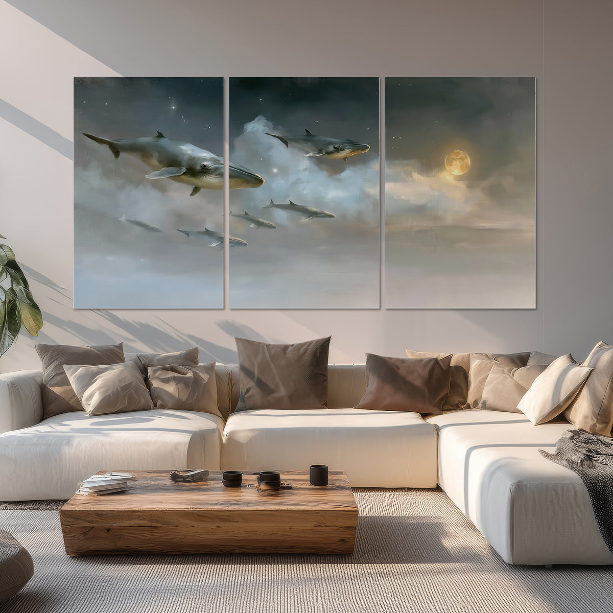 Whales drifting through pale dreamlike clouds toward a golden moon set of 3 poster prints displayed in a living room