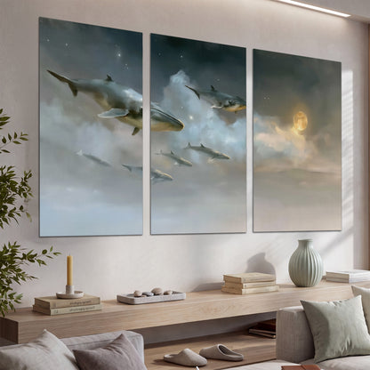 Whales drifting through pale dreamlike clouds toward a golden moon set of 3 poster prints displayed in a console