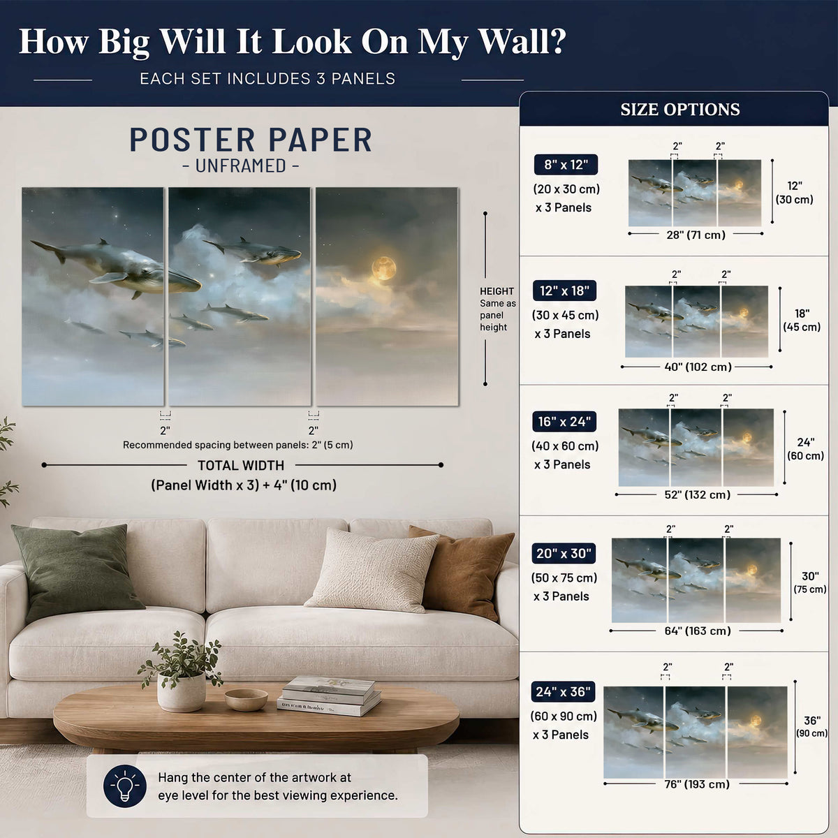 Whales drifting through pale dreamlike clouds toward a golden moon set of 3 poster prints size guide above a sofa; room view is illustrative