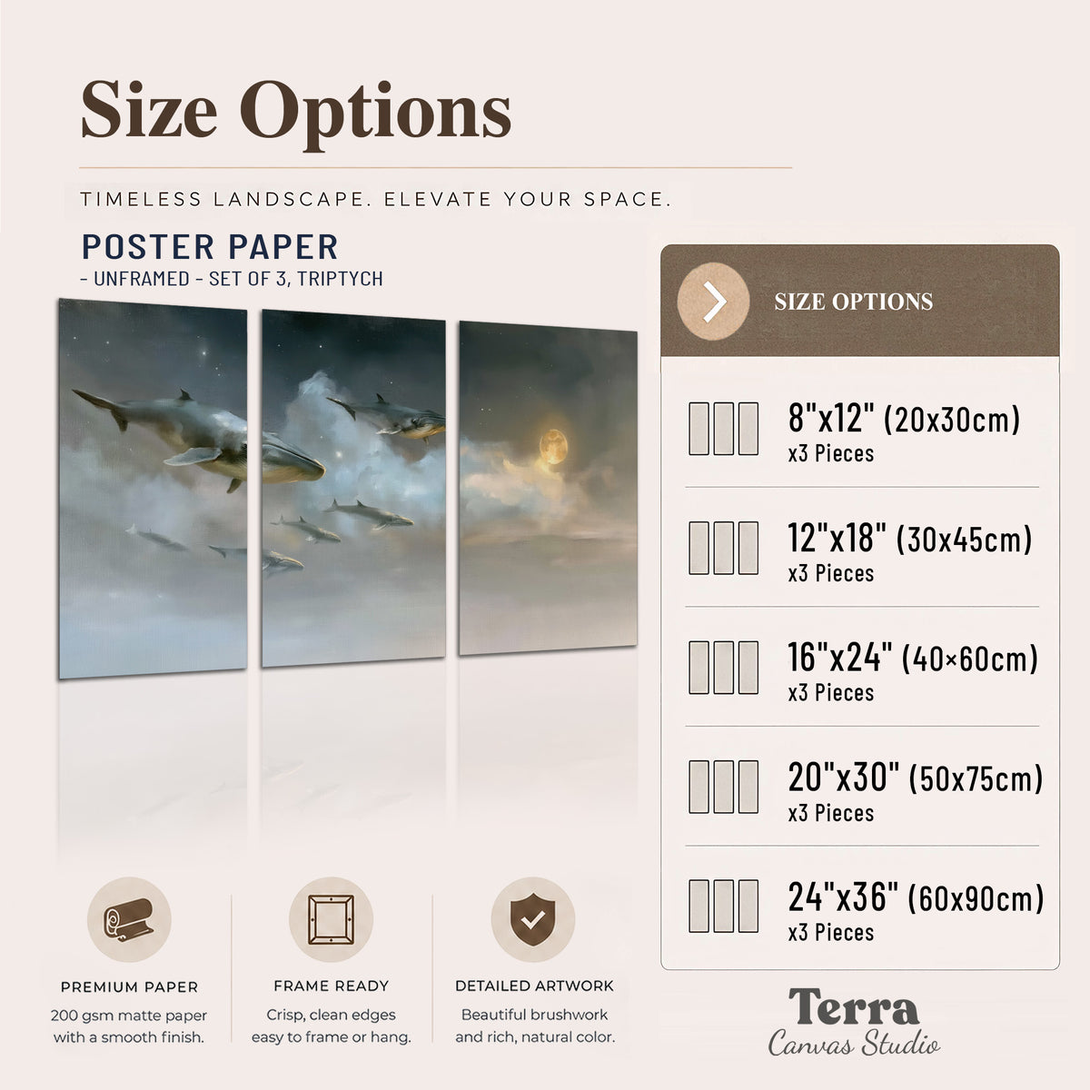 Whales drifting through pale dreamlike clouds toward a golden moon set of 3 poster prints available dimensions; triptych dimensions are per panel
