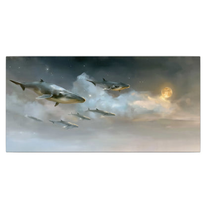 Whales drifting through pale dreamlike clouds toward a golden moon single canvas wall art viewed straight on