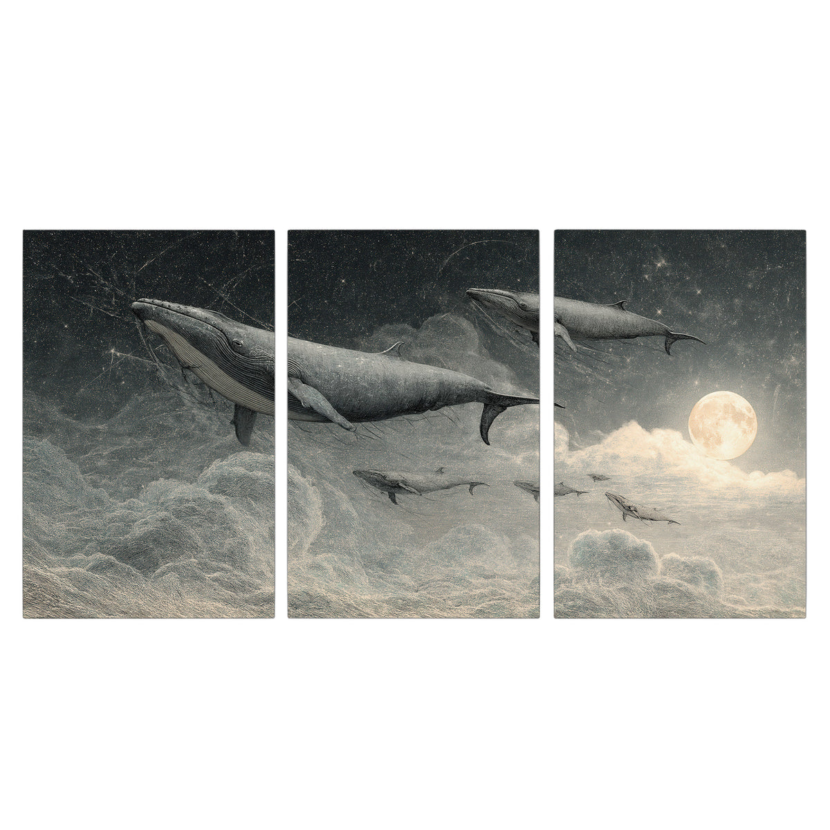 Monochrome whales floating over misty clouds beside a luminous painted moon 3 piece canvas wall art viewed straight on