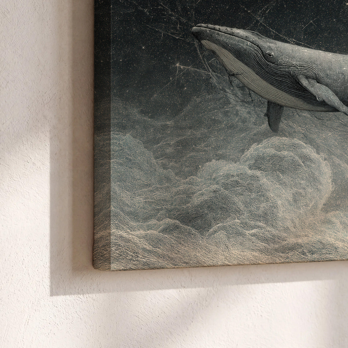 Monochrome whales floating over misty clouds beside a luminous painted moon 3 piece canvas wall art material and edge close up