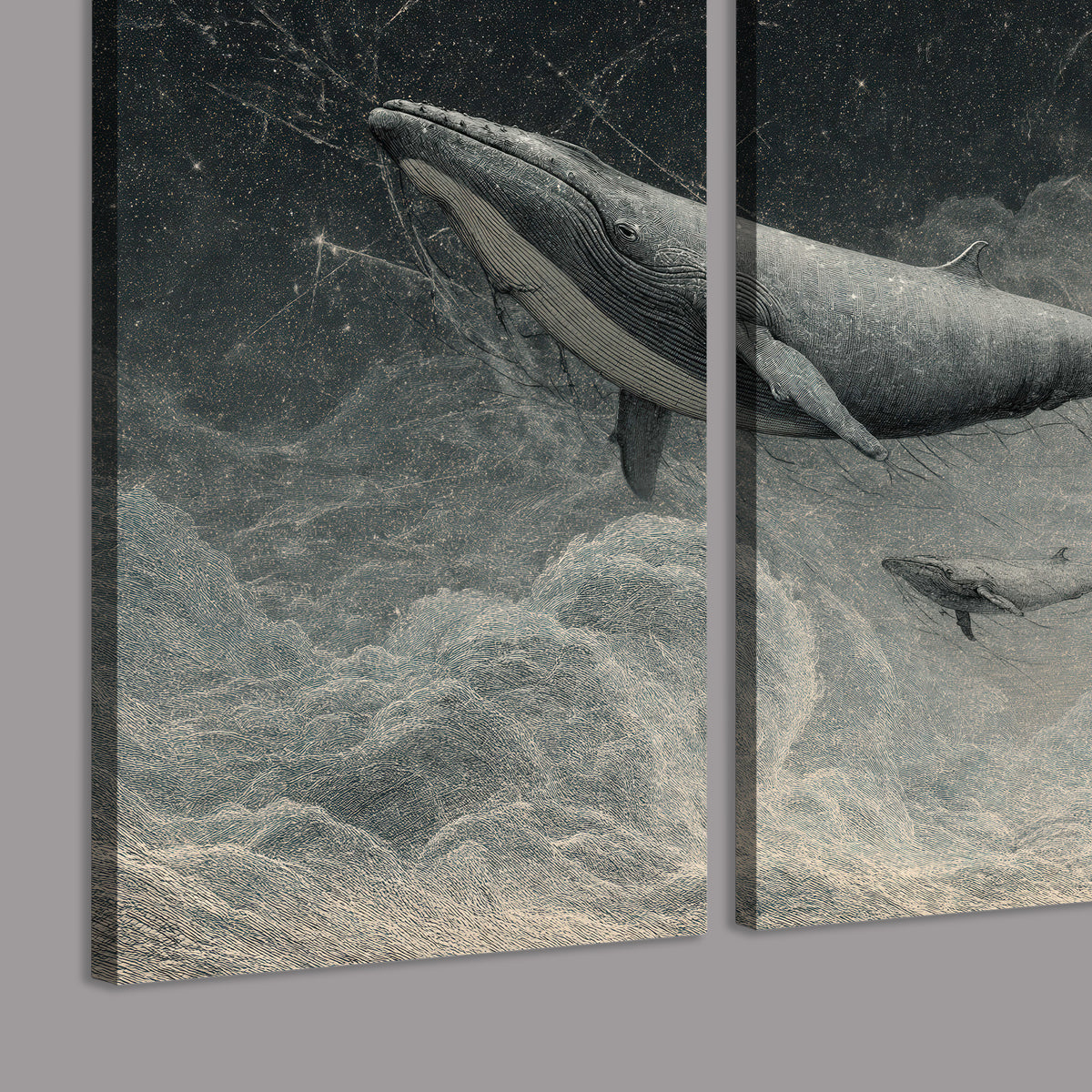 Monochrome whales floating over misty clouds beside a luminous painted moon 3 piece canvas wall art room and product view