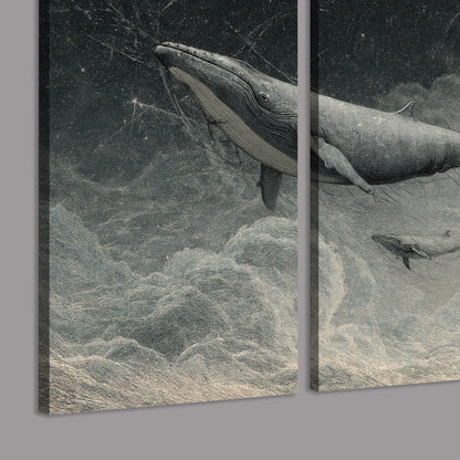 Monochrome whales floating over misty clouds beside a luminous painted moon 3 piece canvas wall art room and product view