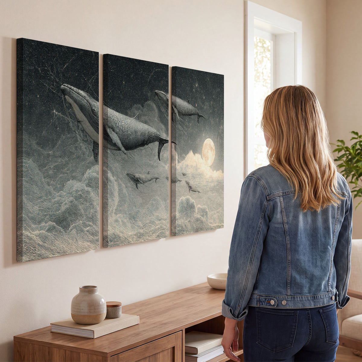 Monochrome whales floating over misty clouds beside a luminous painted moon 3 piece canvas wall art three panel arrangement on a wall