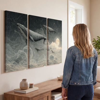 Monochrome whales floating over misty clouds beside a luminous painted moon 3 piece canvas wall art three panel arrangement on a wall