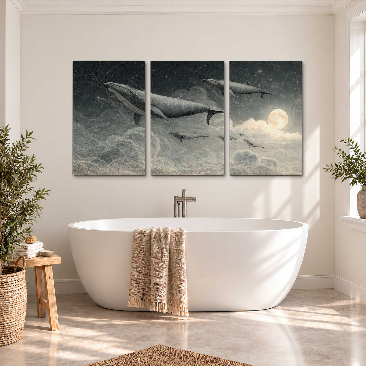 Monochrome whales floating over misty clouds beside a luminous painted moon 3 piece canvas wall art styled in an interior