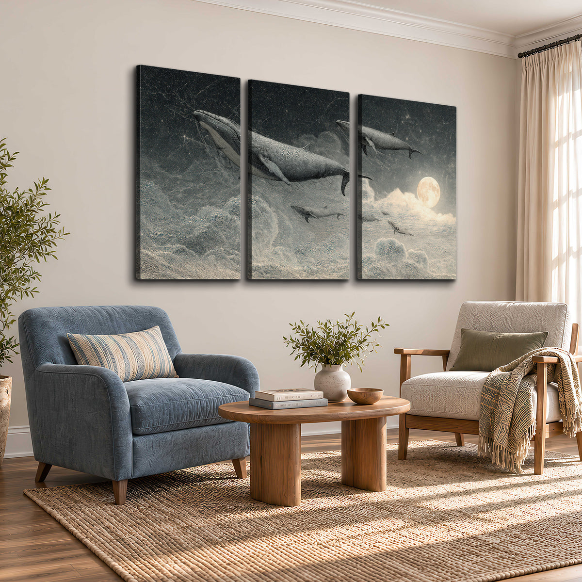 Monochrome whales floating over misty clouds beside a luminous painted moon 3 piece canvas wall art styled in an interior