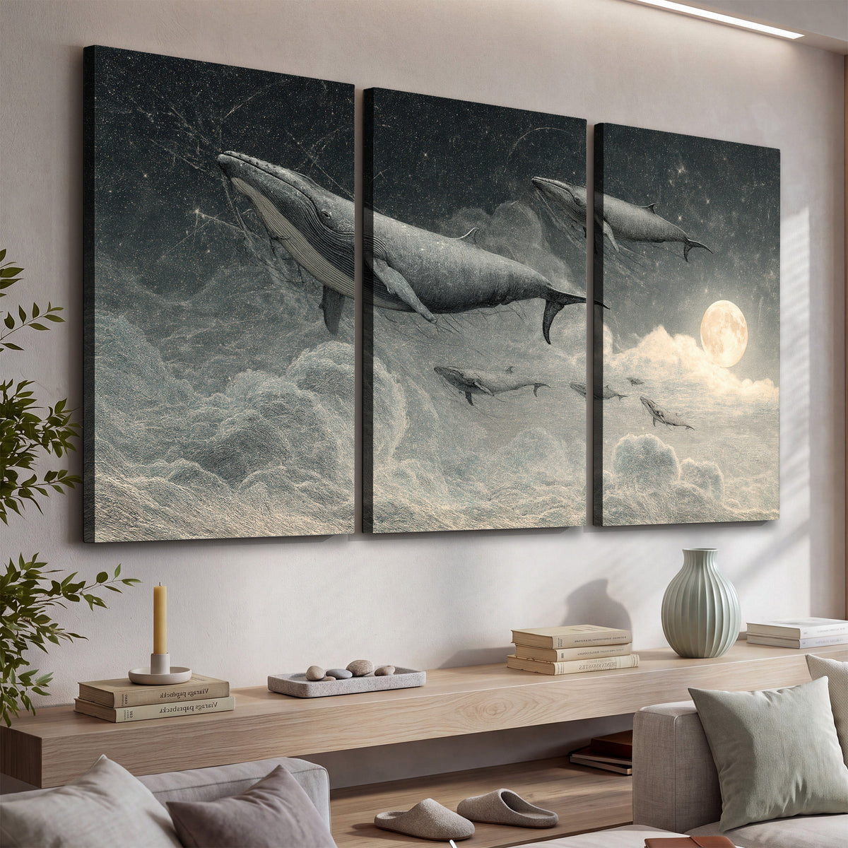 Monochrome whales floating over misty clouds beside a luminous painted moon 3 piece canvas wall art displayed in a console