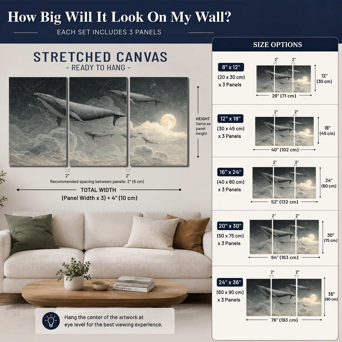 Monochrome whales floating over misty clouds beside a luminous painted moon 3 piece canvas wall art size guide above a sofa; room view is illustrative