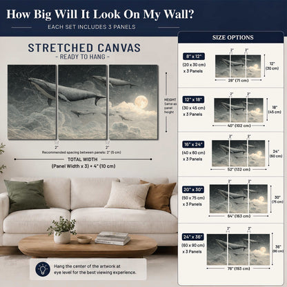 Monochrome whales floating over misty clouds beside a luminous painted moon 3 piece canvas wall art size guide above a sofa; room view is illustrative