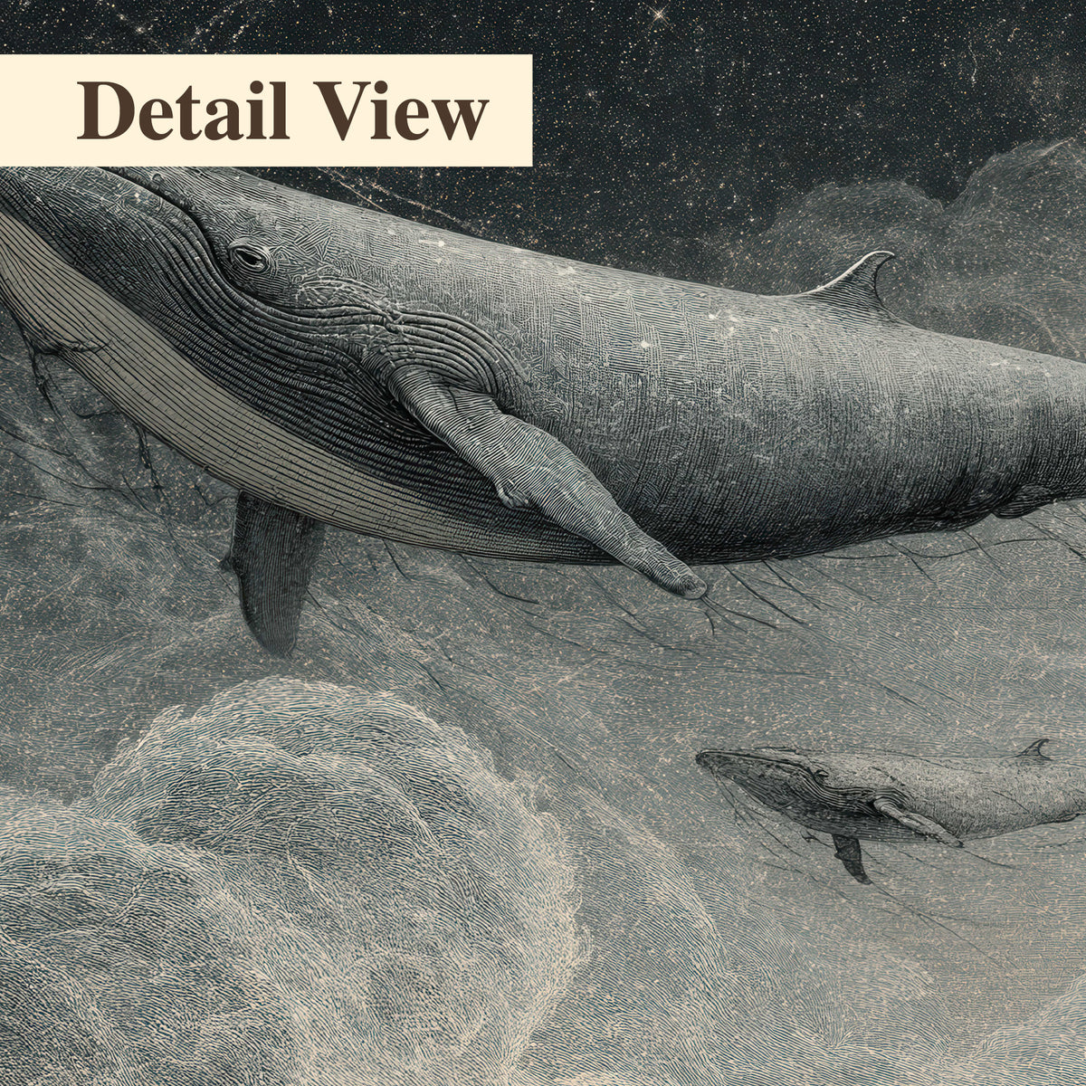 Monochrome whales floating over misty clouds beside a luminous painted moon 3 piece canvas wall art artwork detail close up