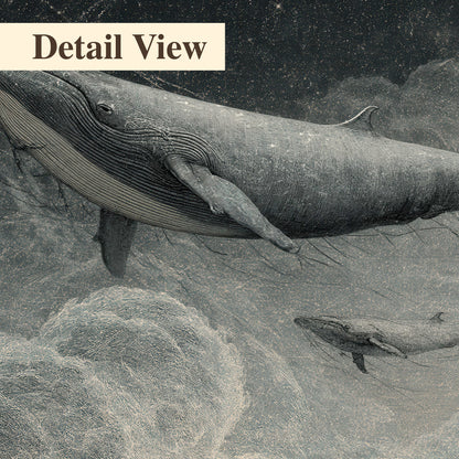 Monochrome whales floating over misty clouds beside a luminous painted moon 3 piece canvas wall art artwork detail close up