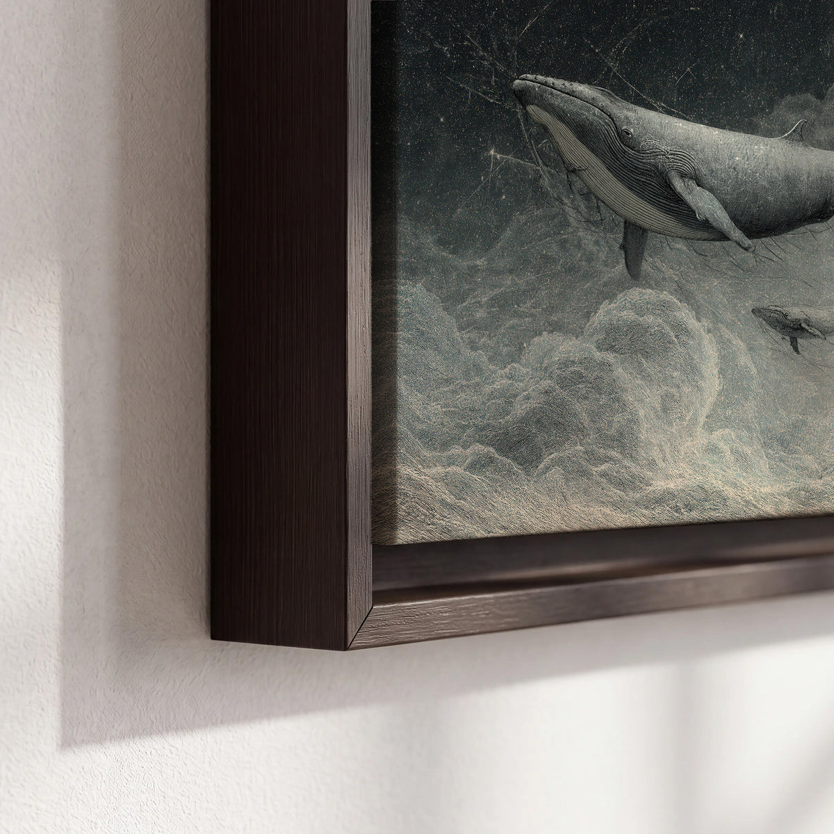 Monochrome whales floating over misty clouds beside a luminous painted moon 3 piece framed canvas wall art material and edge close up