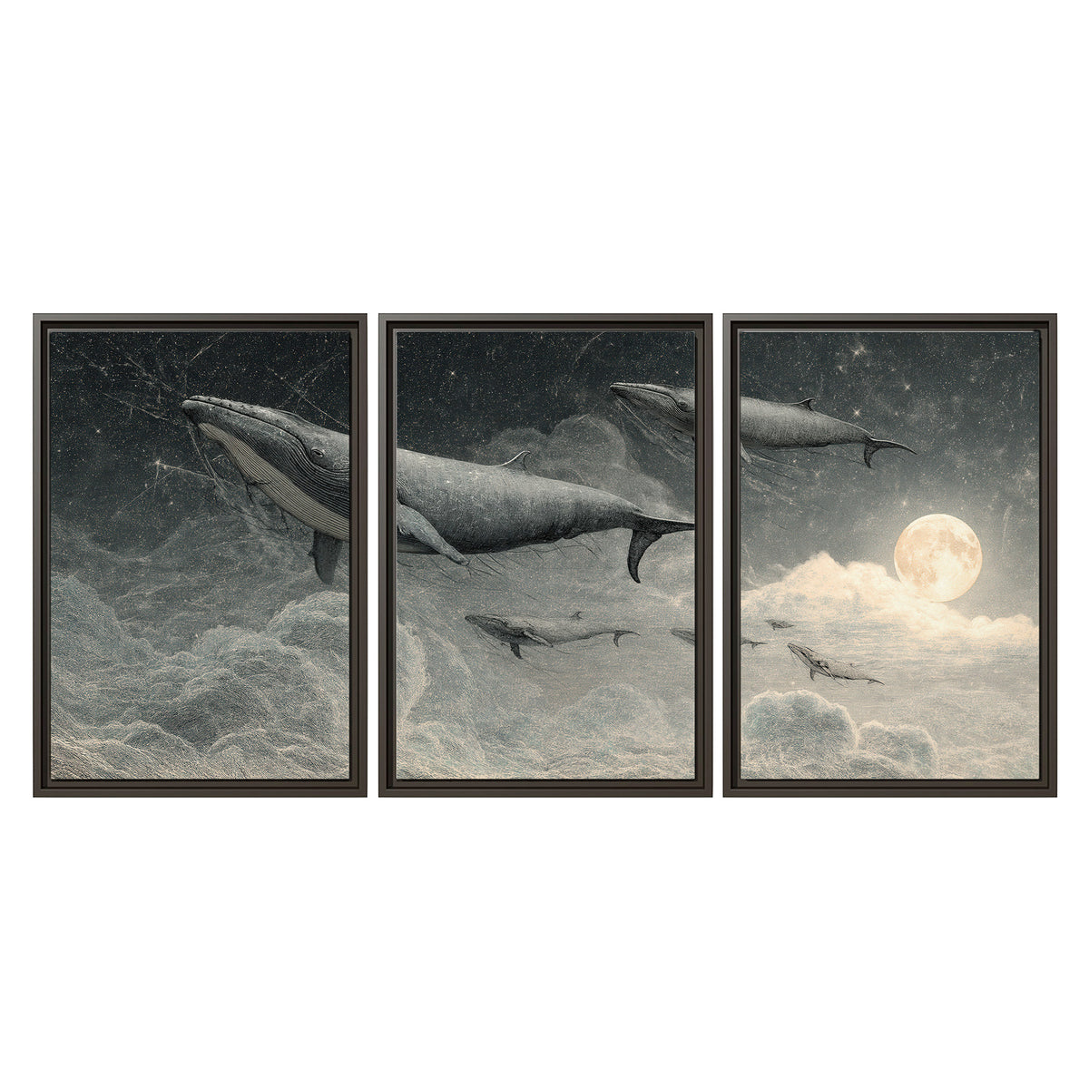Monochrome whales floating over misty clouds beside a luminous painted moon 3 piece framed canvas wall art viewed straight on