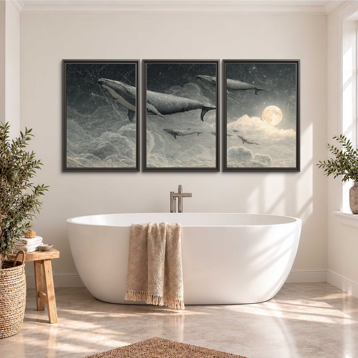 Monochrome whales floating over misty clouds beside a luminous painted moon 3 piece framed canvas wall art styled in an interior