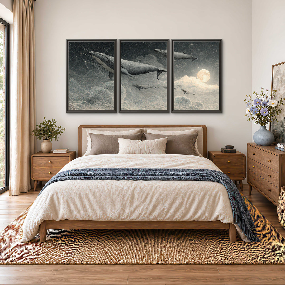 Monochrome whales floating over misty clouds beside a luminous painted moon 3 piece framed canvas wall art styled in an interior