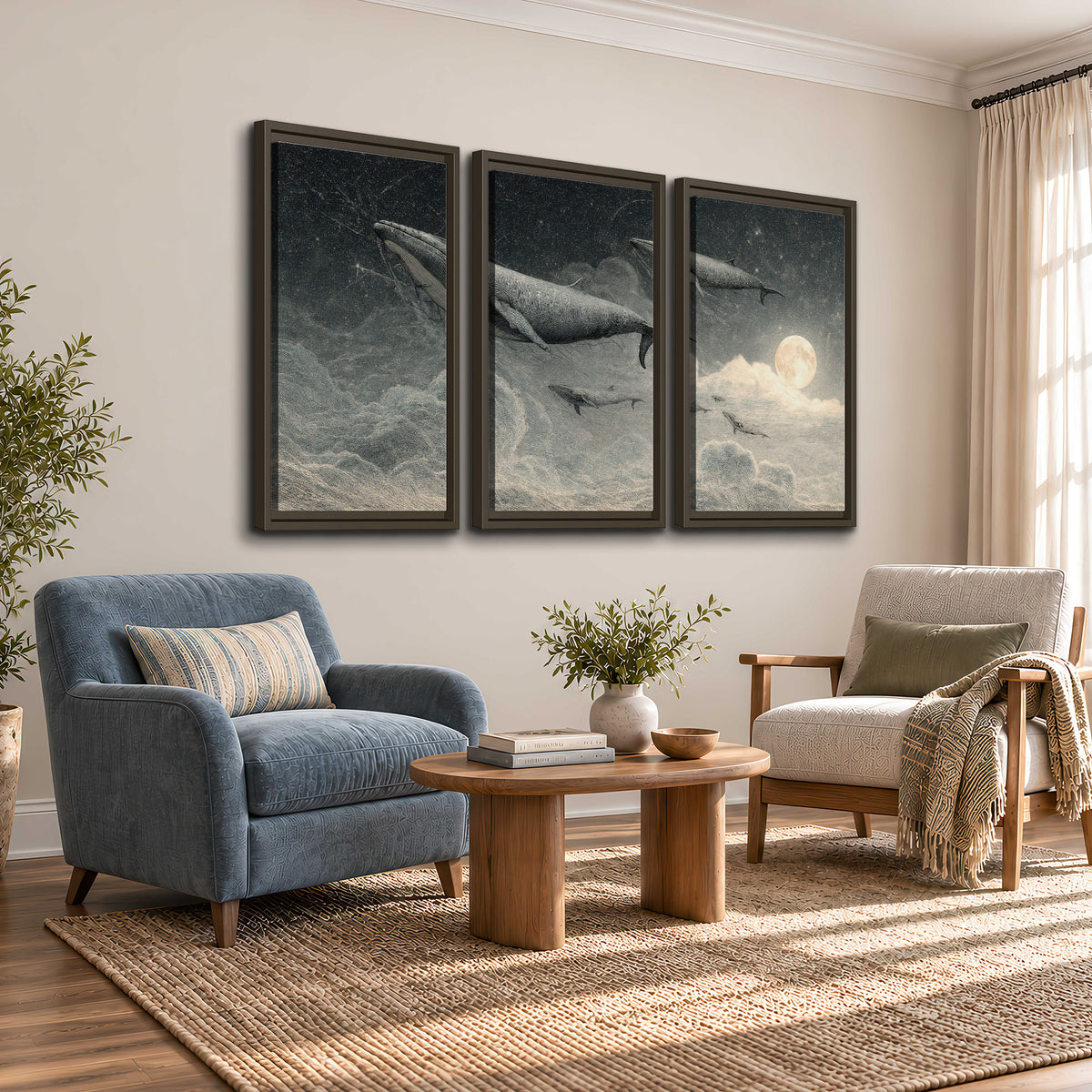 Monochrome whales floating over misty clouds beside a luminous painted moon 3 piece framed canvas wall art styled in an interior