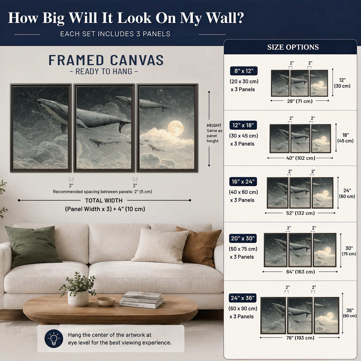 Monochrome whales floating over misty clouds beside a luminous painted moon 3 piece framed canvas wall art size guide above a sofa; room view is illustrative