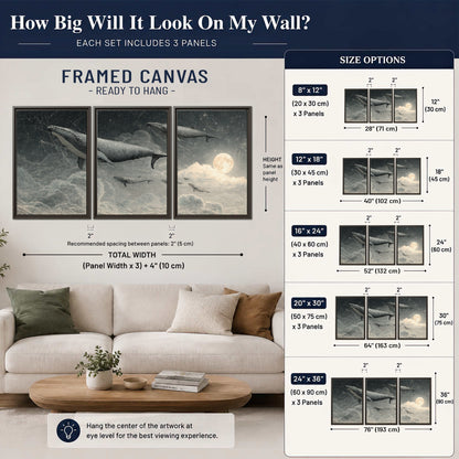 Monochrome whales floating over misty clouds beside a luminous painted moon 3 piece framed canvas wall art size guide above a sofa; room view is illustrative