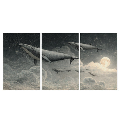 Monochrome whales floating over misty clouds beside a luminous painted moon set of 3 poster prints viewed straight on