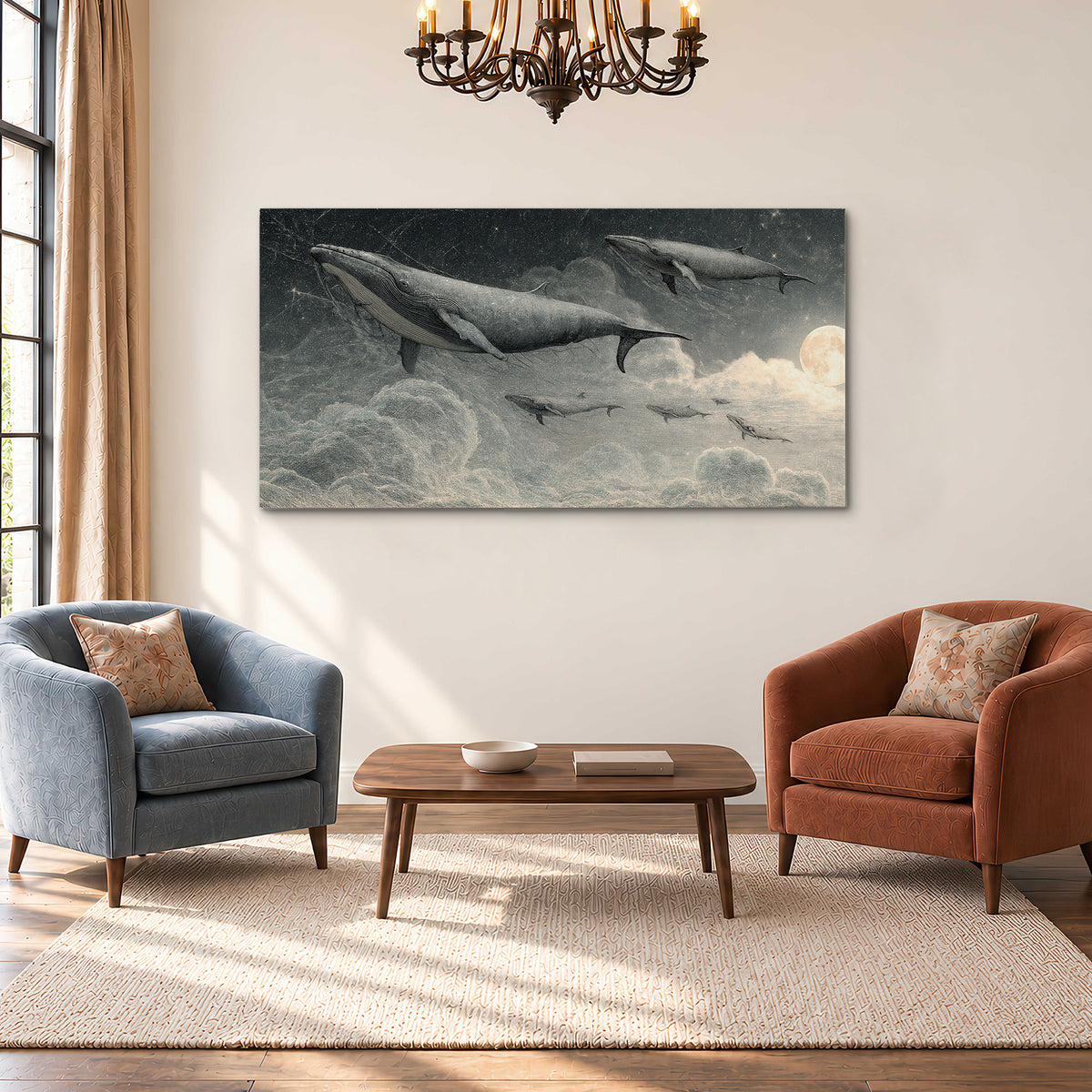 Monochrome whales floating over misty clouds beside a luminous painted moon single canvas wall art styled in an interior