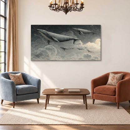 Monochrome whales floating over misty clouds beside a luminous painted moon single canvas wall art styled in an interior