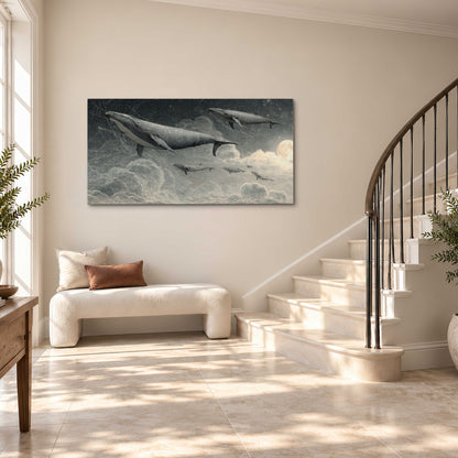 Monochrome whales floating over misty clouds beside a luminous painted moon single canvas wall art styled in an interior