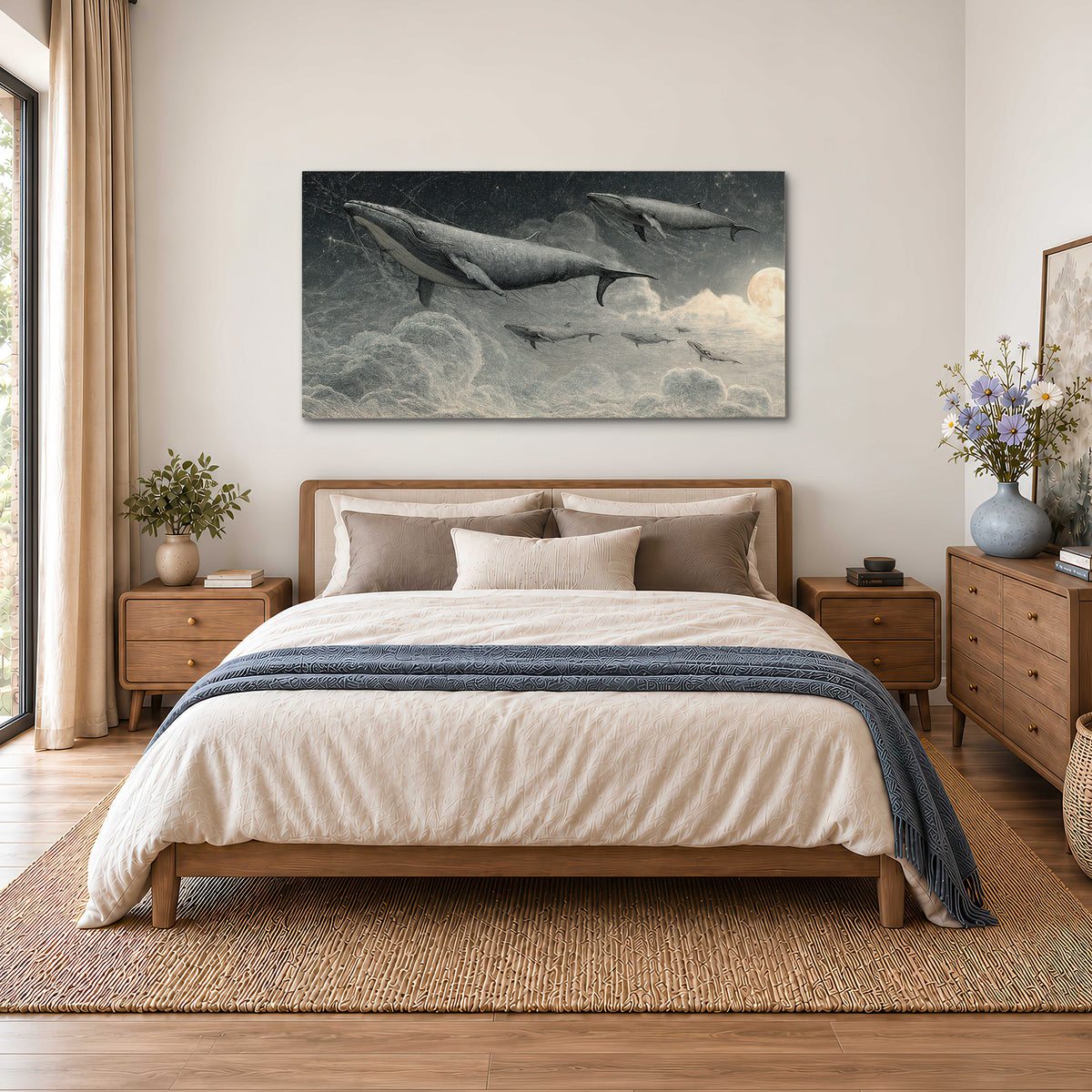 Monochrome whales floating over misty clouds beside a luminous painted moon single canvas wall art styled in an interior