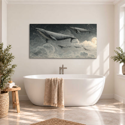 Monochrome whales floating over misty clouds beside a luminous painted moon single canvas wall art styled in an interior