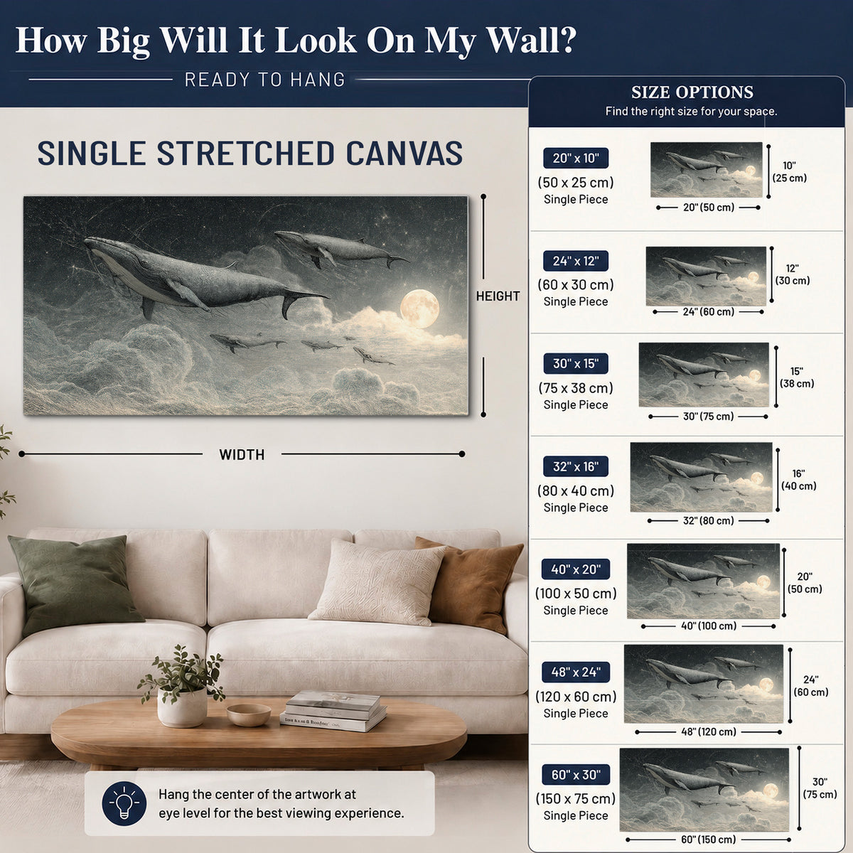 Monochrome whales floating over misty clouds beside a luminous painted moon single canvas wall art size guide above a sofa; room view is illustrative