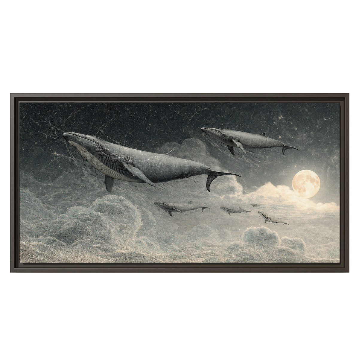 Monochrome whales floating over misty clouds beside a luminous painted moon single framed canvas wall art viewed straight on