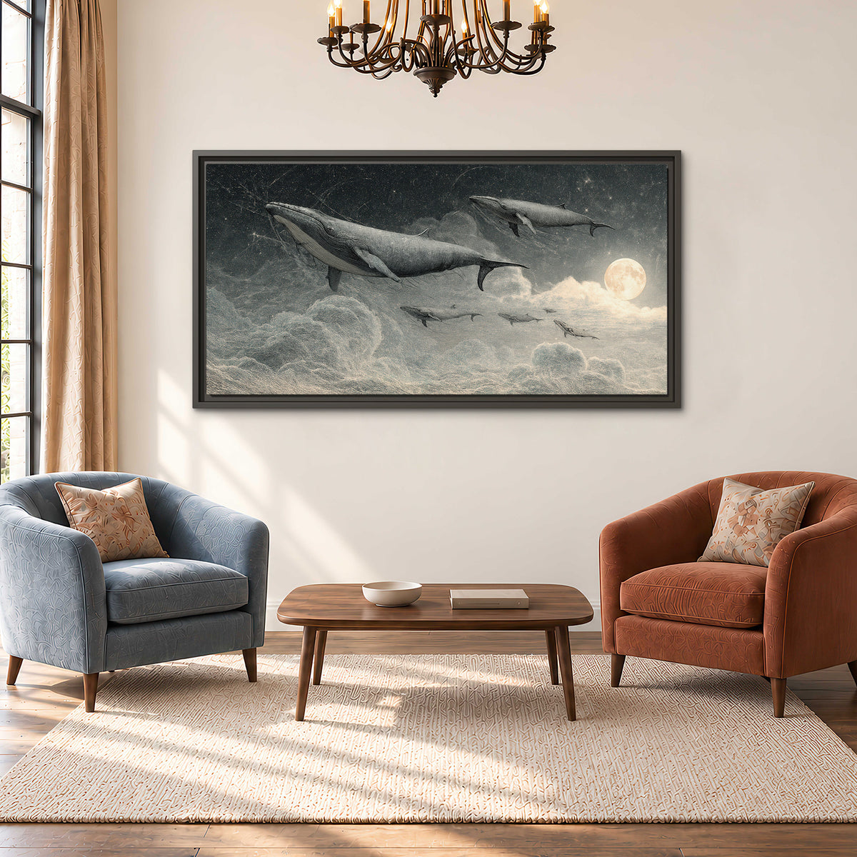 Monochrome whales floating over misty clouds beside a luminous painted moon single framed canvas wall art styled in an interior