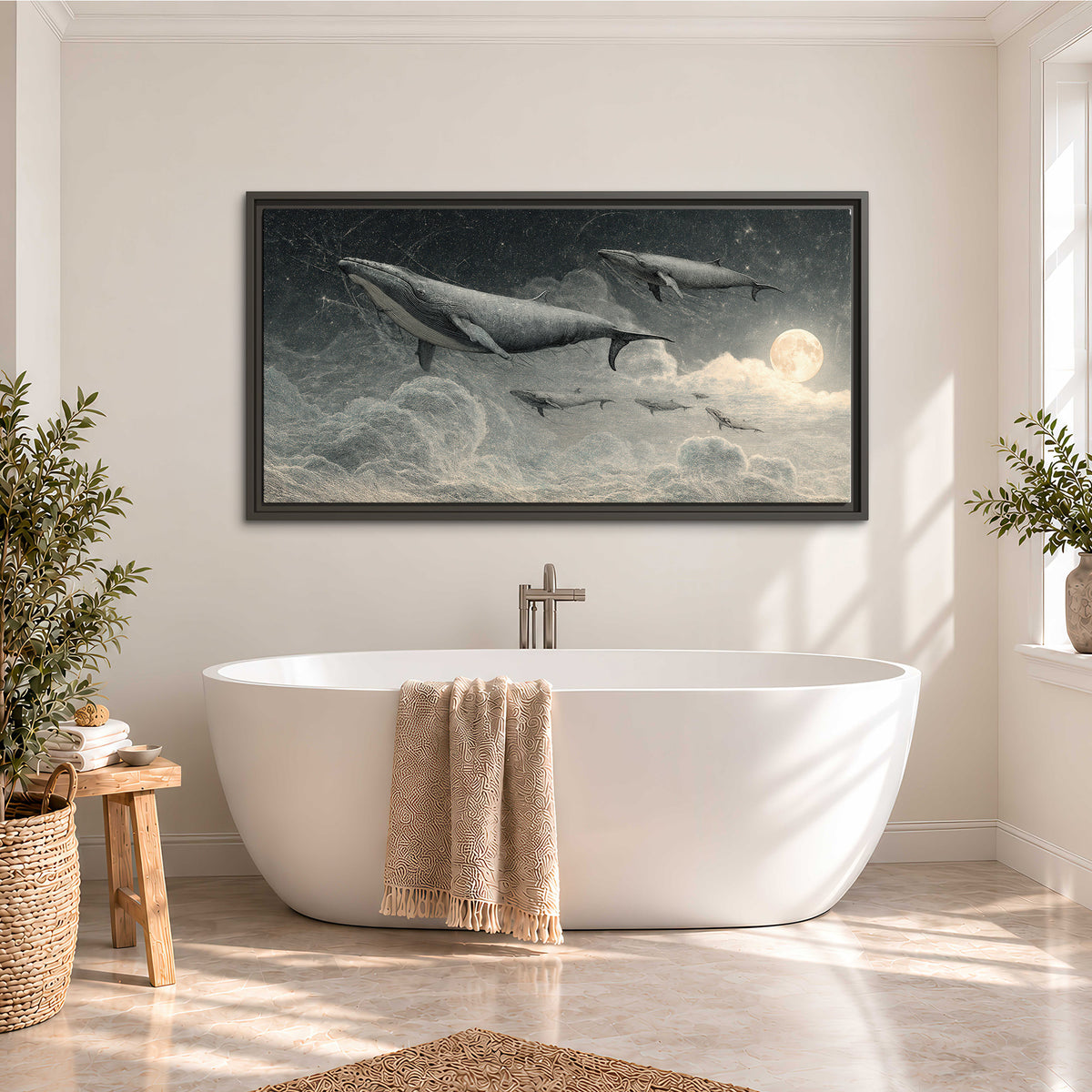 Monochrome whales floating over misty clouds beside a luminous painted moon single framed canvas wall art styled in an interior
