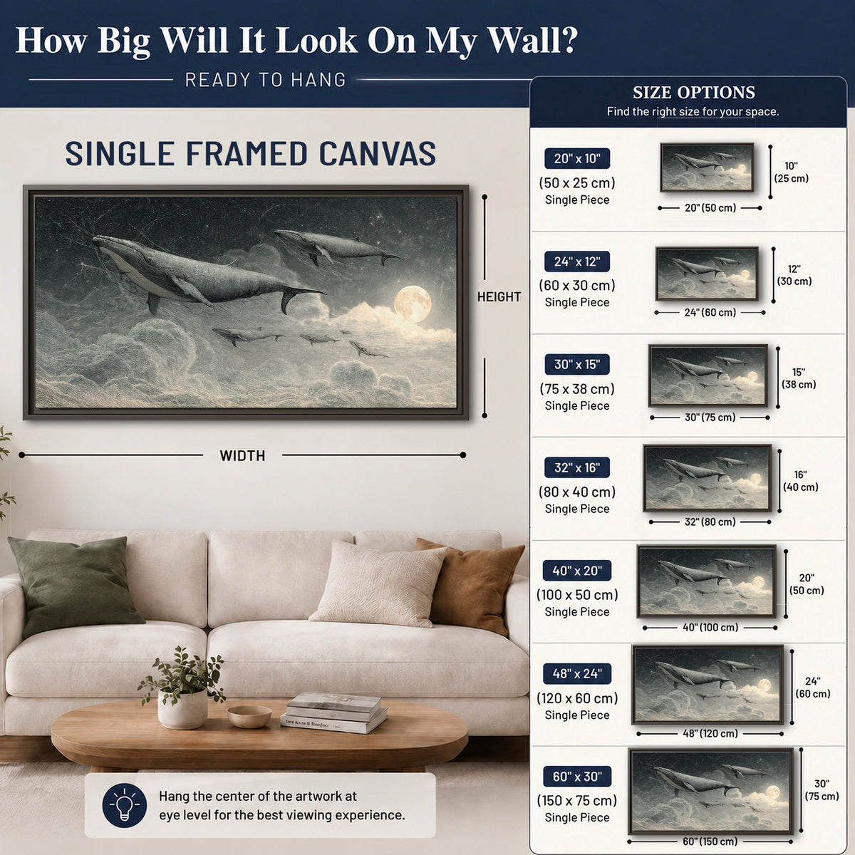 Monochrome whales floating over misty clouds beside a luminous painted moon single framed canvas wall art size guide above a sofa; room view is illustrative