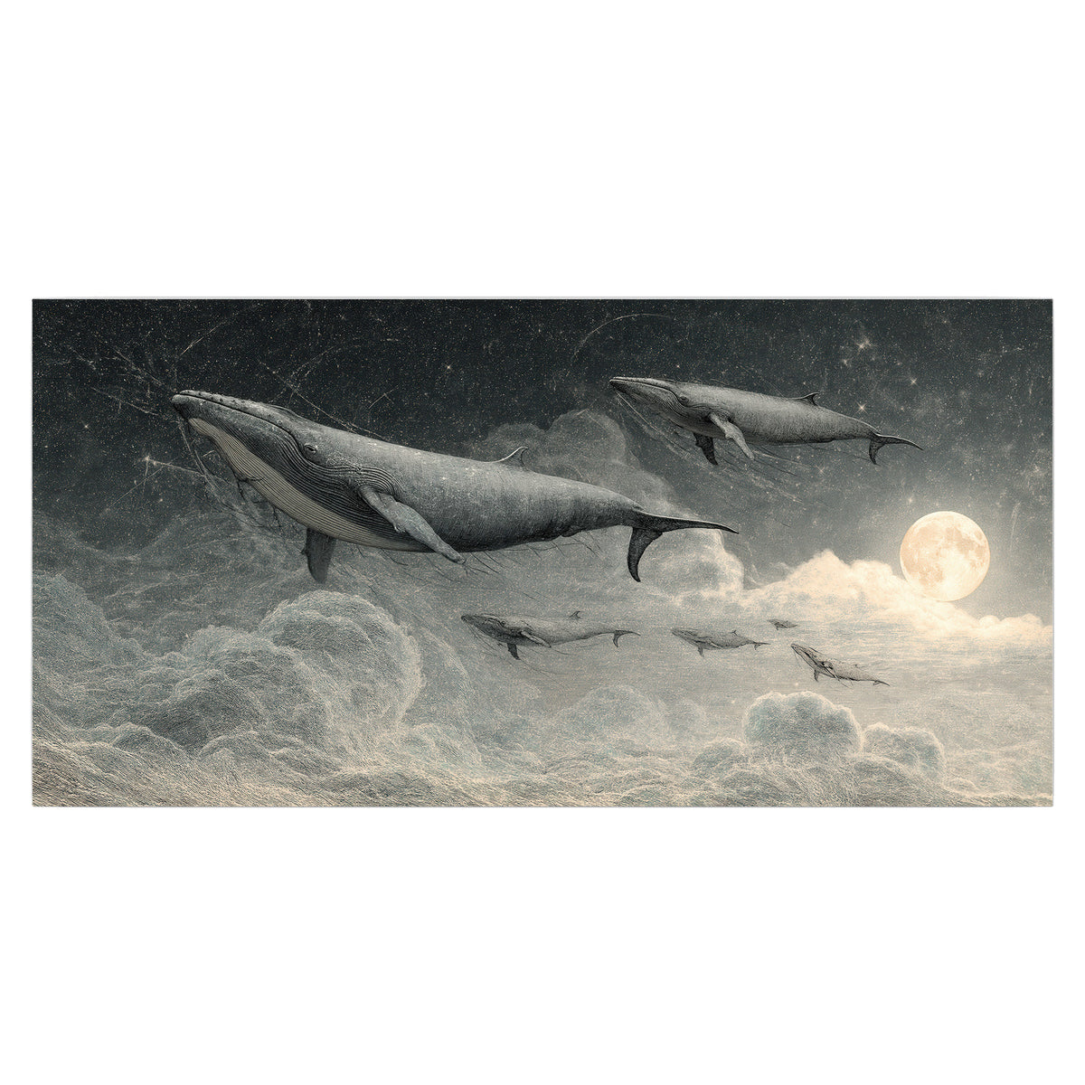 Monochrome whales floating over misty clouds beside a luminous painted moon single poster print viewed straight on