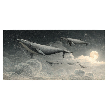 Monochrome whales floating over misty clouds beside a luminous painted moon single poster print viewed straight on
