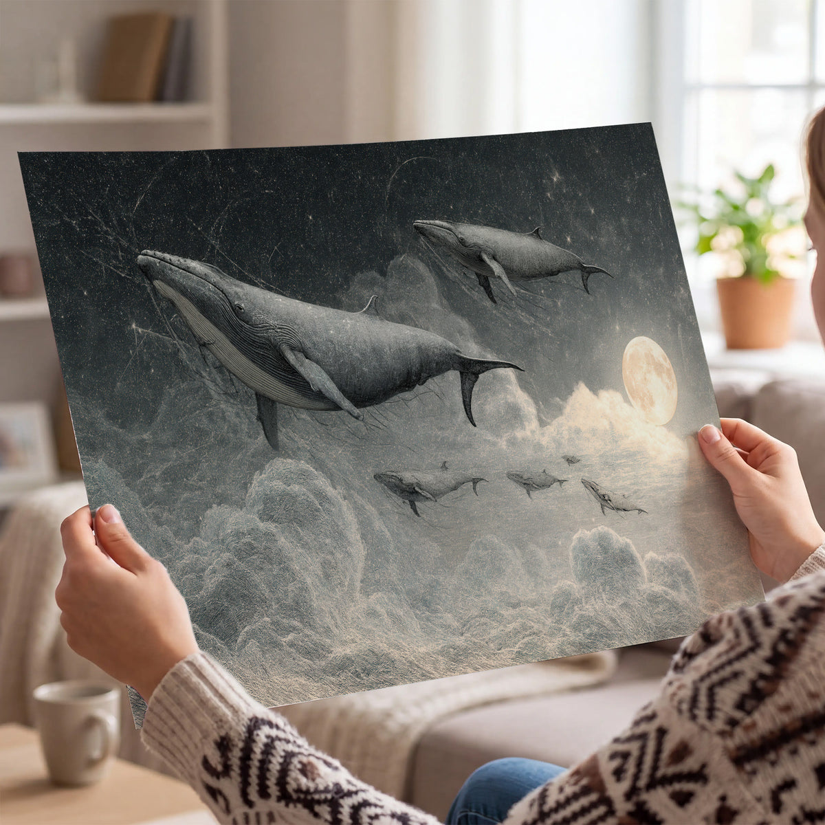 Monochrome whales floating over misty clouds beside a luminous painted moon single poster print held in hands